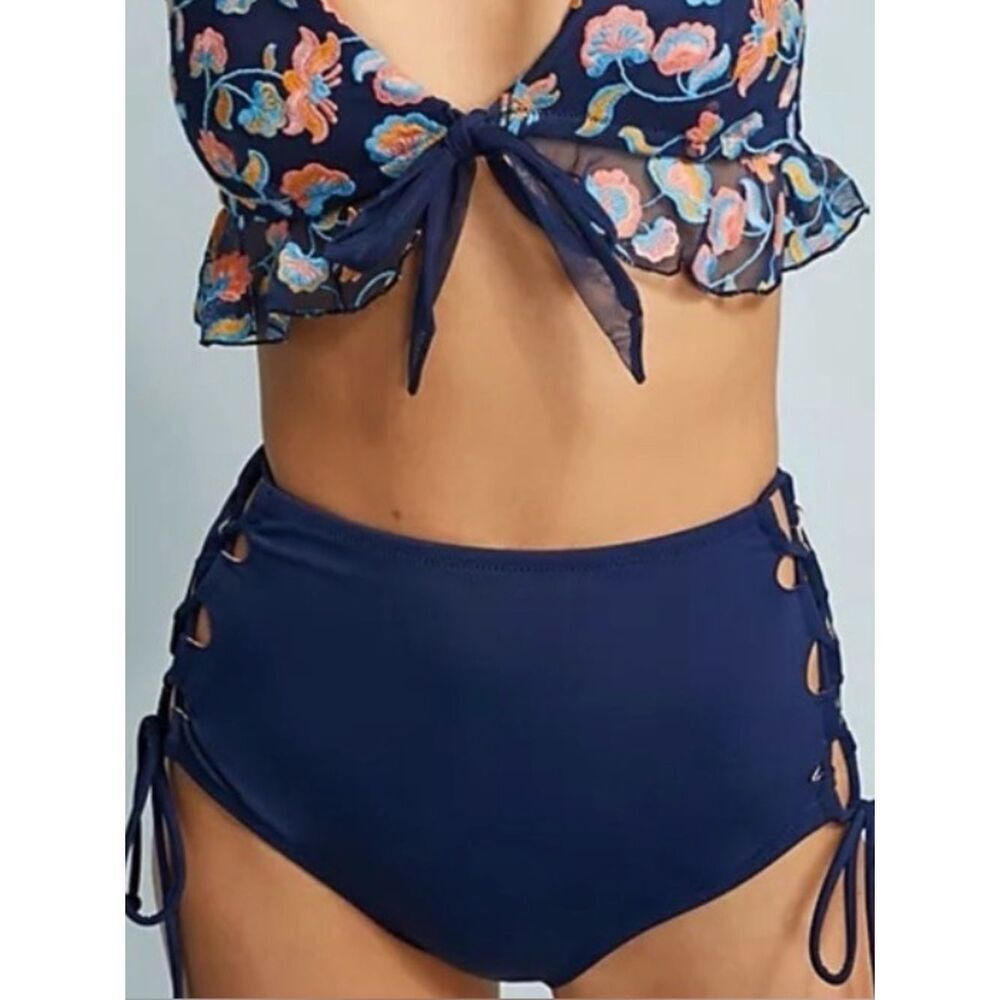 High-Waist Navy Lace-Up Bikini Bottom Adjustable